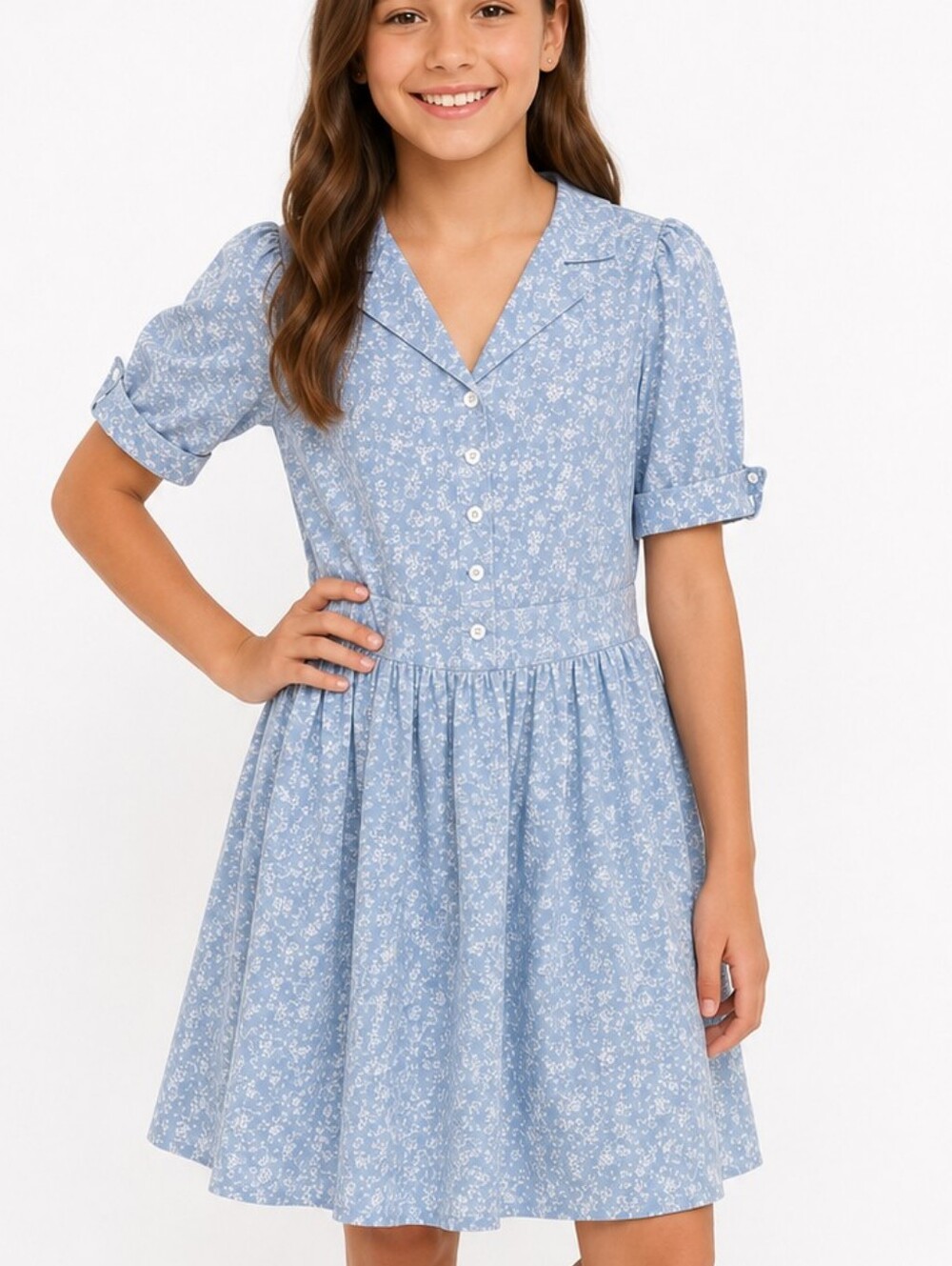 Vintage Eber Girl Blue Floral Prairie Dress Size 14 USA Cottagecore Tie Back